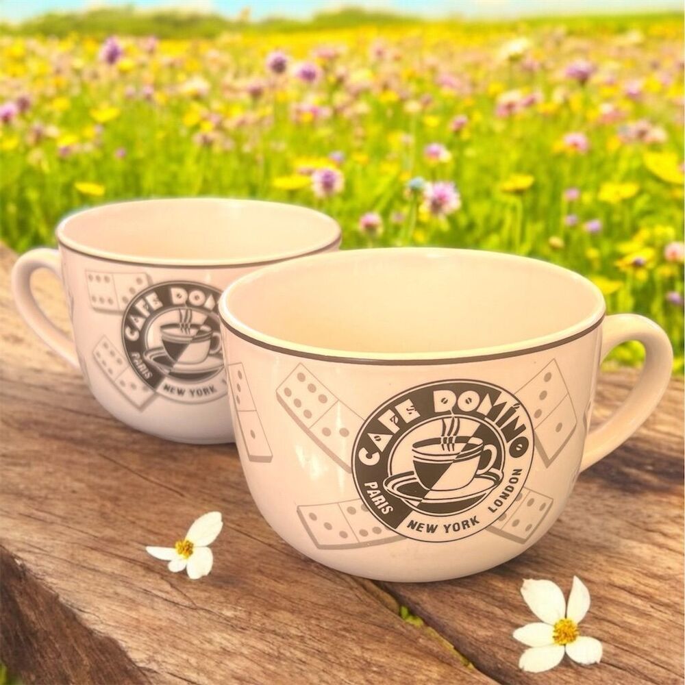 VTG Cafe Domino Paris New York London Stoneware Oversized Coffee Mug Set of 2